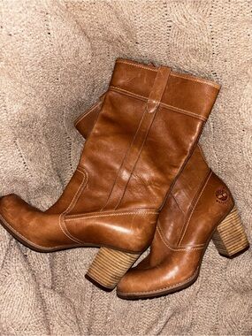 Timberland Waterproof Brown Leather Riding Boots Block Heel Size 8 Western Boho